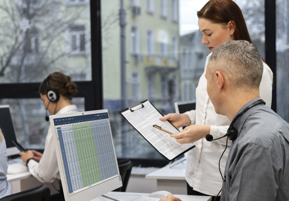 Call center agents reviewing performance metrics and operational dashboards